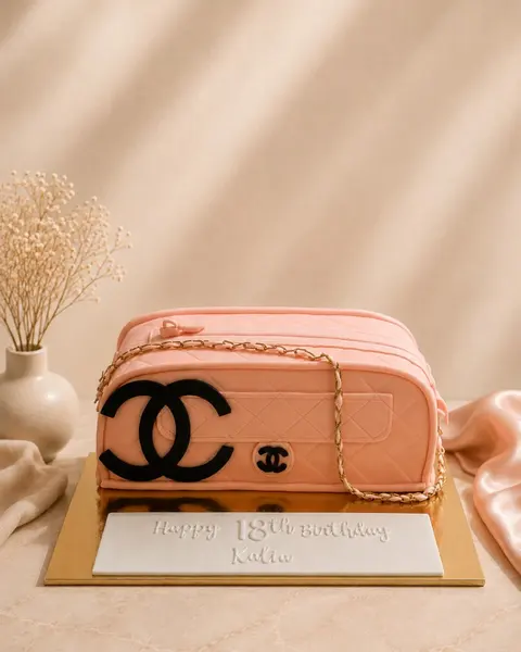Torta a forma di borsa rosa stile Chanel, con logo in fondente e catena dorata