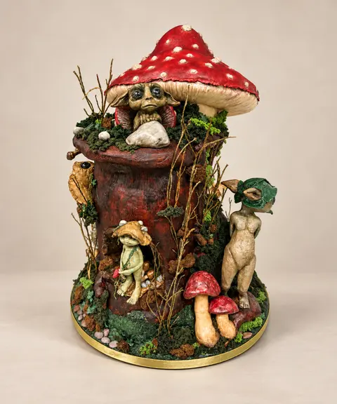 Sugar art: un fungo del bosco abitato da creature modellate a mano in zucchero