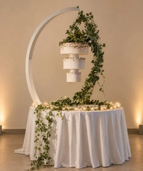 La mia torta sospesa: rose e perle su tre livelli, appesa a un arco